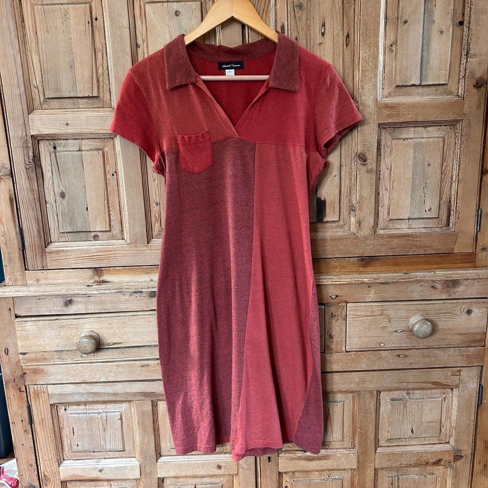 Stewart + Brown Sz Small Orange Dress Organic Cotton Collared T-Shirt Colorblock